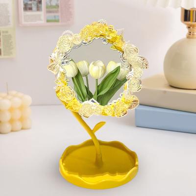 DIY Handmade Flower Desk Mirror with Storage Tray Rotatable Desktop Vanity Mirror Multi-purpose Women Makeup Table Mirror Jewelry Organizer