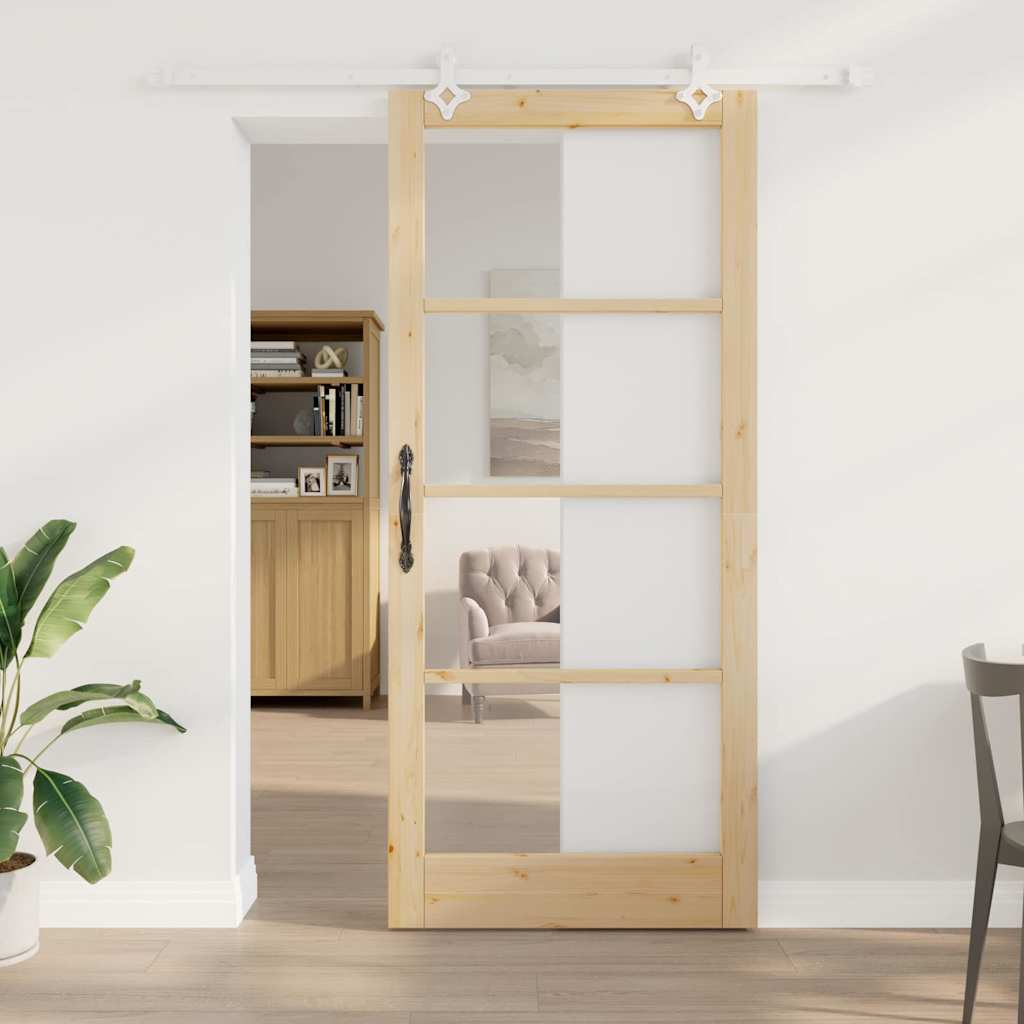 Sliding Door Natural 93 X 211 Cm Solid Pine Wood and Glass