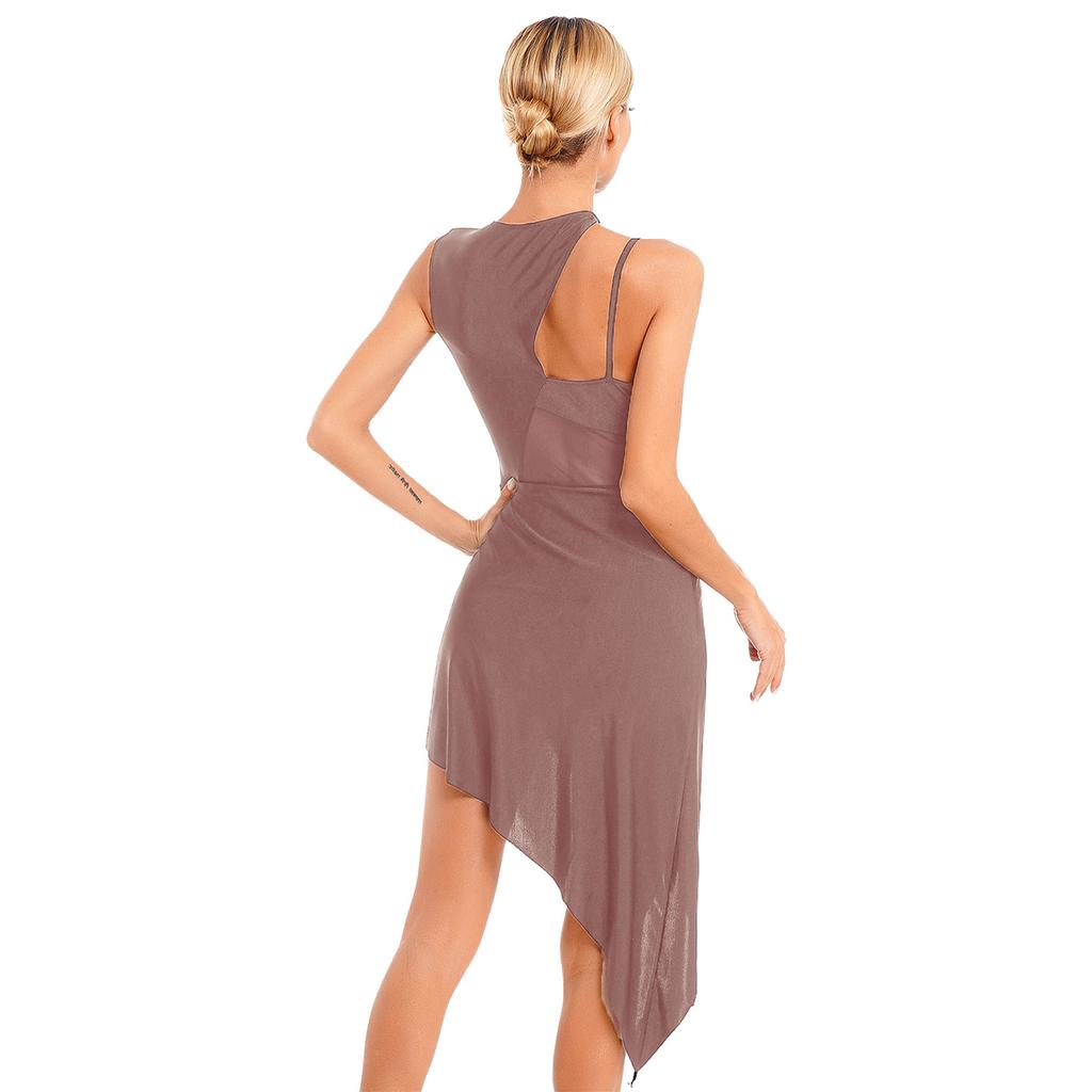 Womens Dance Leotard Dress Sheer Mesh Patchwork Sleeveless Asymmetrical Hem Dress Skating Latin Dancewear