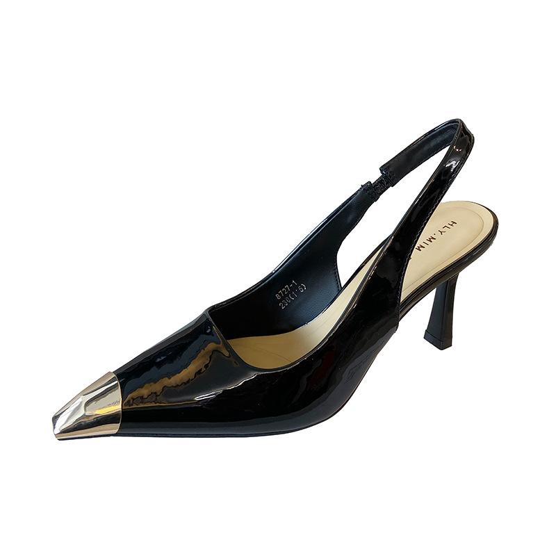 G8727-1 Baotou High Heels Women's 2025 Summer New Metal Square Head Thin Heel Black Sandals Imperial Sister Single Shoes
