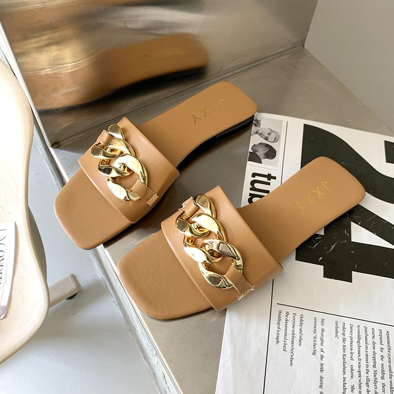 Mode 2024 Neue Mode Damen Hausschuhe Eckige Zehenkette Hausschuhe Flache Pantoletten Strandsandalen Zehentrenner Metalldekoration Freizeitschuhe