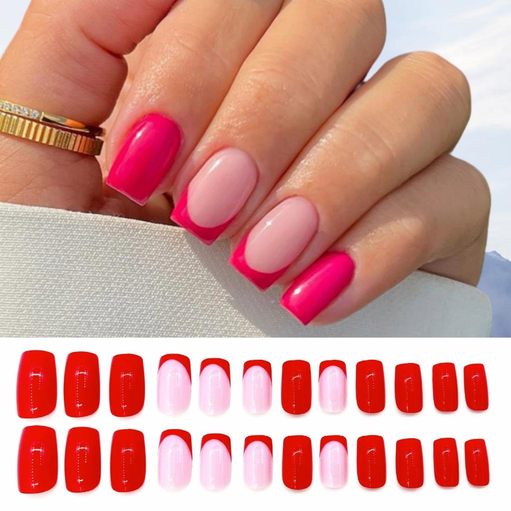 24Pcs Almond Long French Fake Nails Pointed Glossy White Edge Artificial Acrylic Press On Nails Removable Nail Art Tips