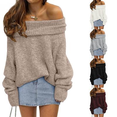 2025 New Autumn and Winter Loose Bat Sleeve Solid Color Pullover Off-shoulder Casual Knitted Sweater for Women