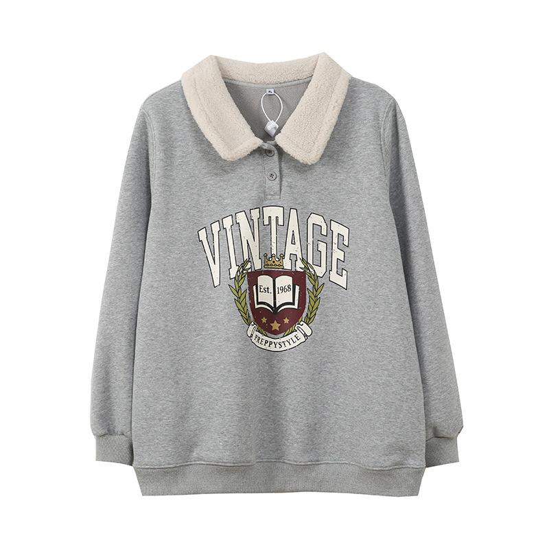 Large Size Women's Lamb Wool Lapel Print Sweater Winter New Pullover Fleece Thermal Top 431928