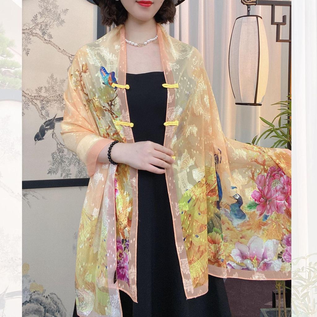 Xin Sai Qi Chinese Frog Button Cutout Shawl Fashionable Silk Scarf for Travel and Photography