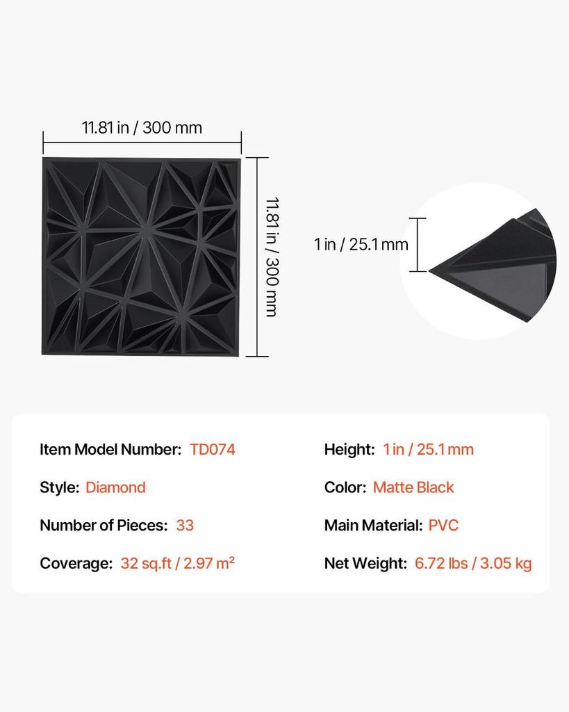 3D Wall Panels 33-Pack 11.81x11.81'' PVC 32 Sq.Ft Coverage Diamond Black
