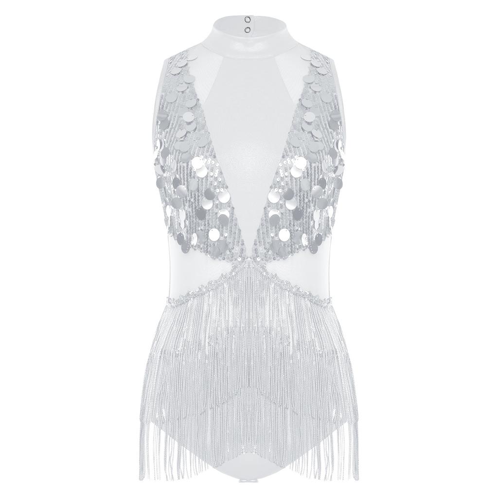 Womens Latin Dance Leotard Sequin Tassel Design Sleeveless Back Cutout Metallic Shiny Patchwork Bodysuit