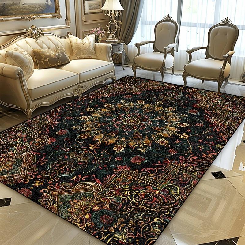 Persischer Schwarzgold Luxus Teppich für Wohnzimmer, Schlafzimmer & Büro Sofabereich Rutschfest Dekoration