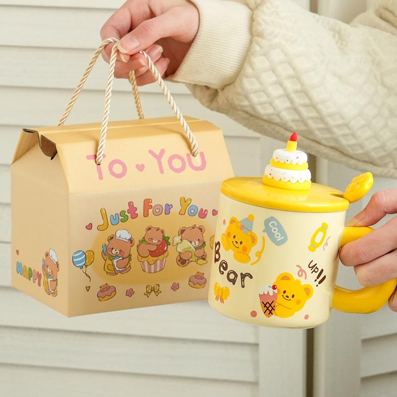 Cupa Ceramică Creativă cu Ursuleț Desen Animat, cu Capac și Linguriță, pentru Cafea de Uz Casnic, pentru Cuplu, pentru Apă, Cutie Cadou de Valoare Ridicată