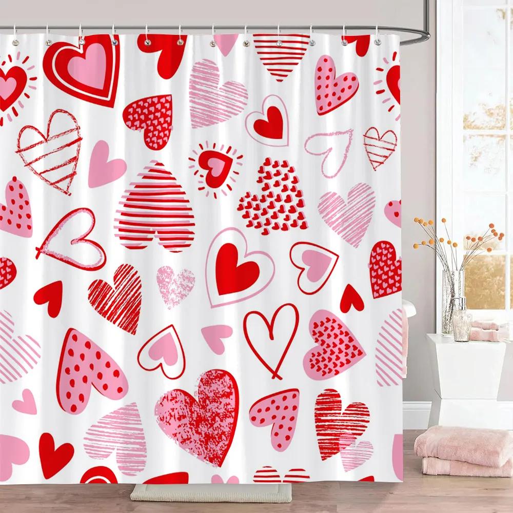 Pink Heart Shower Curtain Holiday Gift Geometric Lines Simple Modern Polyester Fabric Shower Curtains Bathroom Decor with Hooks