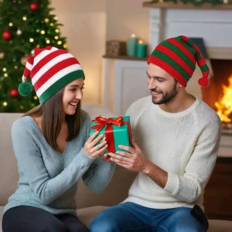 New Christmas knitted hat red and green striped hairball long tail hat Christmas hat cold and warm essential
