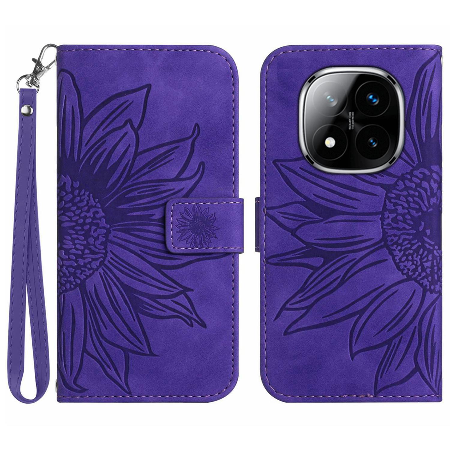 

For Xiaomi Redmi Note 14 Pro 4G Case Sunflower Imprint Leather Wallet Phone Cover with Wrist Strap H