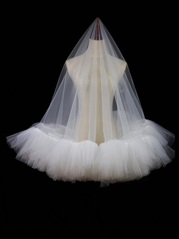 Xinmeiji Handmade White Double-Layer Bridal Veil with Ruffled Edge