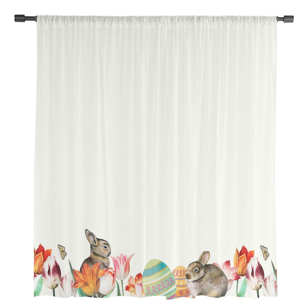 Easter Egg Tulip Flower Bunny Rabbit Tulle Curtains For Living Room Bedroom Voile Sheer Curtain Window Home Decor Drapes