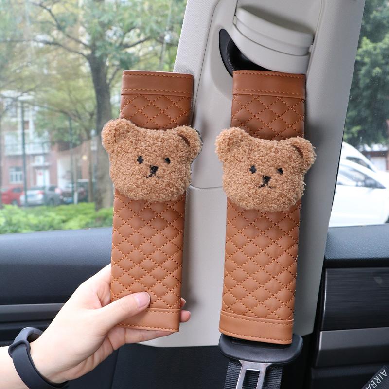 1pc Cute Cartoon Bear Car Seatbelt Cover Leather Seat Belt Harness Cushion Auto Shoulder Strap Protector Pad for Children Kids