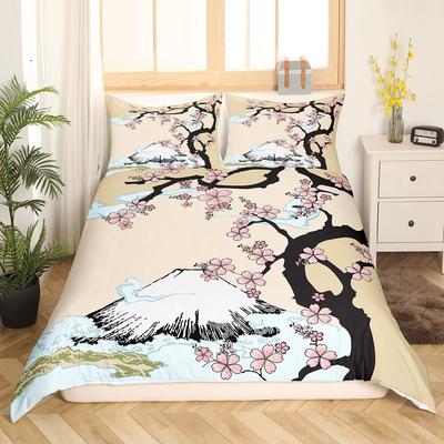 Japanese-Style Bedding Set for Kids Boys Girls Mount Fuji Comforter Cover Cherry Blossoms Duvet Cover Queen Size for Teens Adult