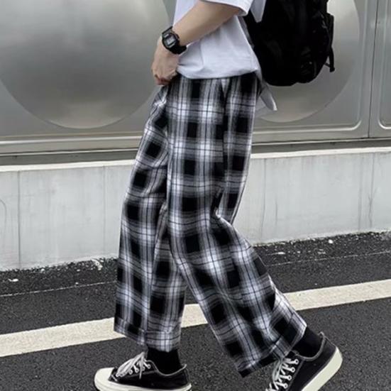 Men Pants Plaid Streetwear Wide Leg Elastic Waist Loose Sports Pants Trousers for Autumn