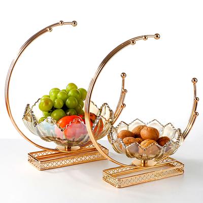 1PC Light Luxury Snack Storage Glass Table Decor Fruit Plate Metal Moon Shaped European Style