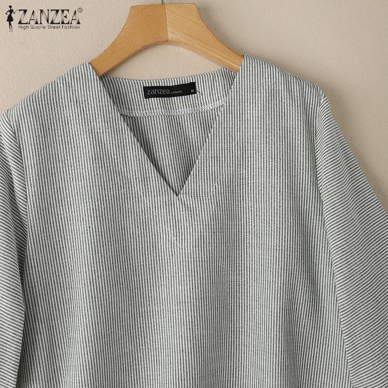 ZANZEA Damen V-Ausschnitt Locker Lässig 3/4 Ärmel Streifen Bluse