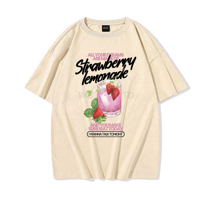 Strawberry Lemonade T-Shirt Cotton Summer Tops Women's Clothing Pink Strawberry Top Girl Outfits Gift Fashion Casual T-shirts
