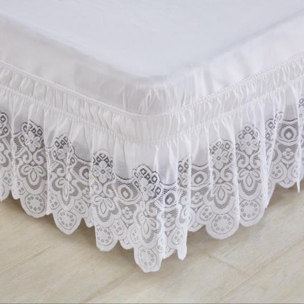 2 Colors White/Beige Solid Color 3 Sided Elastic Lace Wrapped 15 Inches Drop Bed Skirt