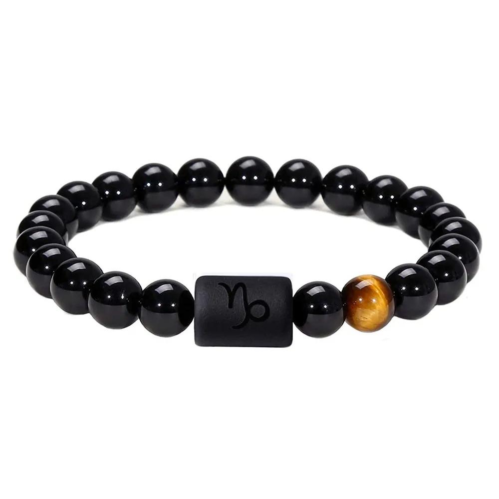Sternzeichen Armband für Männer 8mm Naturstein Schwarzer Onyx Tigerauge Stein Sternzeichen Konstellation Freundschaft Gebet Segnung Armband Geschenke