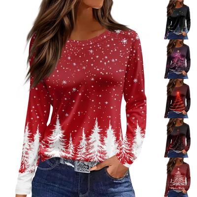 Women's Fashion Casual Slit Hem Round Neck Long Sleeve Loose Christmas Printed T-Shirt Ladies Top