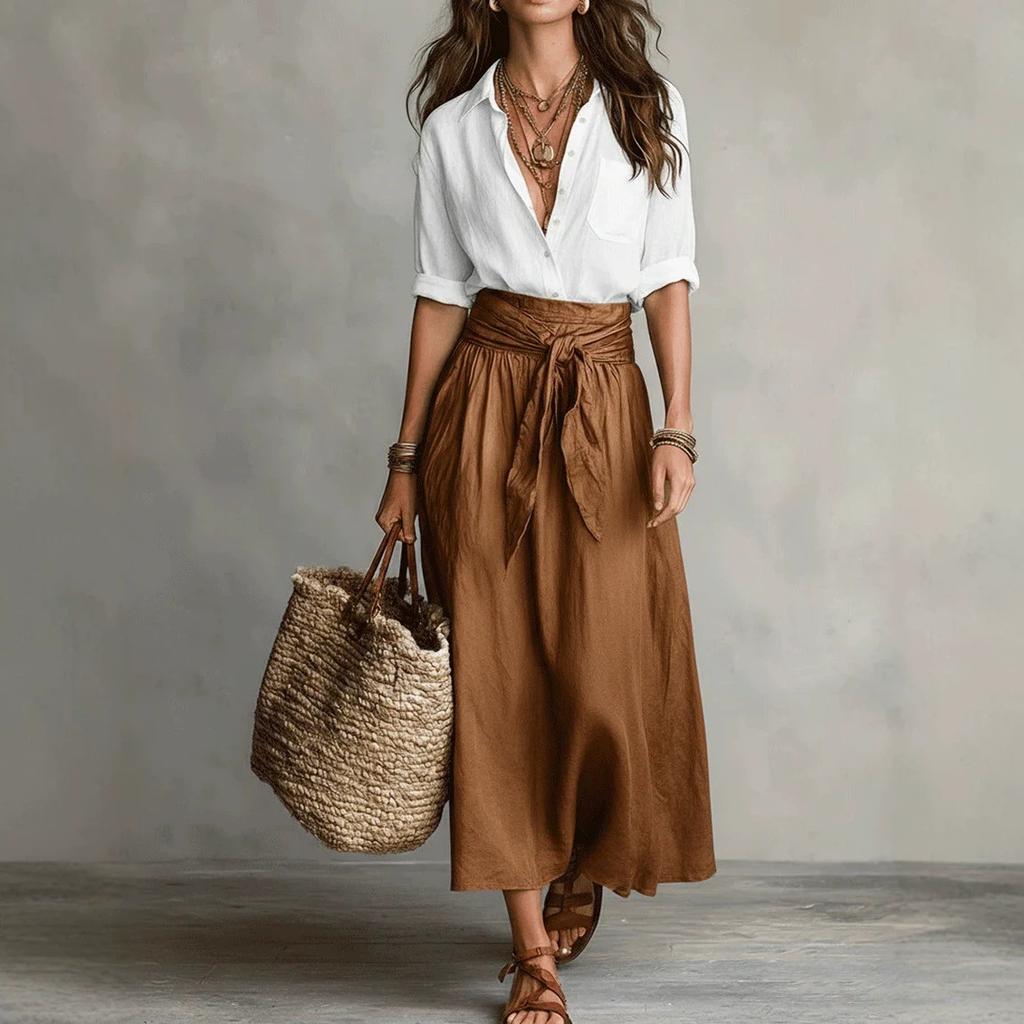 Damen Langarmshirt und Maxirock mit Bindegürtel 2-teiliges Freizeit-Outfit