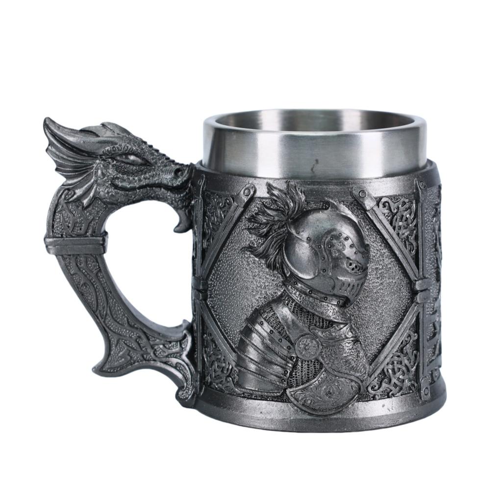 Medieval Knight Beer Mug With Dragon Handle Retro Style Stainless Steel Liner Large Capacity Tankard For Men Gifts