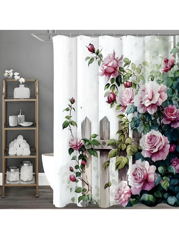 

Spring Rose Flower Hedge Shower Curtain, Bathroom Decorative Shower Curtain, Waterproof Shower Curtain With Hooks W60H190(CM)-1 Pcs
