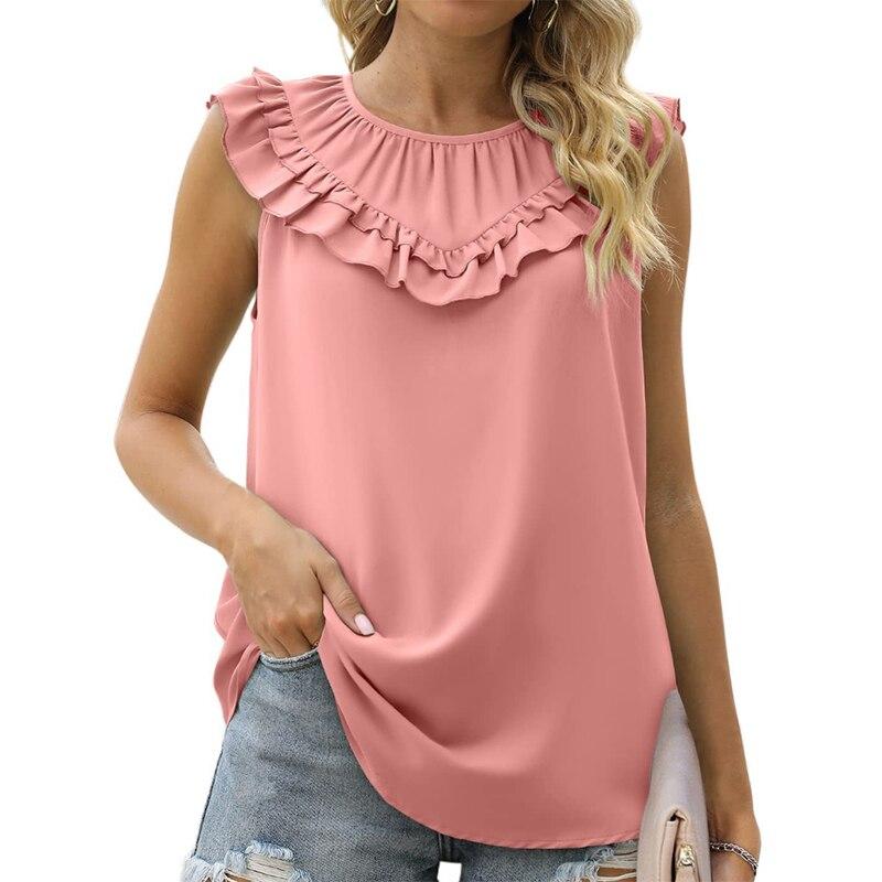 Summer Ruffles Loose Sleeveless White Shirts Women Elegant Casual Chiffon Blouse Women Solid O Neck Tops Shirt Blusas  25556