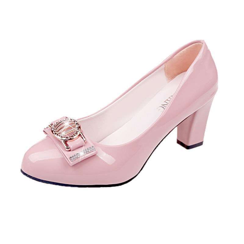 New work single shoes women's casual fashion round head soft leather Korean version medium and high heel leather shoes women's patent leather