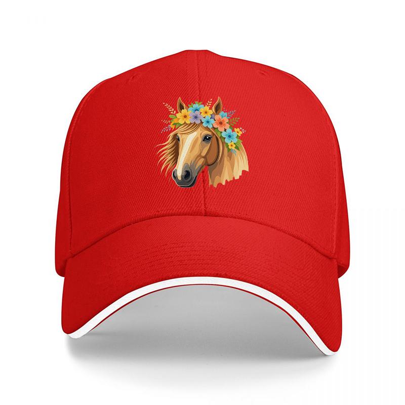 

Floral Horse Head Design Baseball Cap Black Adjustable Hat with Colorful Flowers and Horse Pattern for Fashion and Style Adjustable