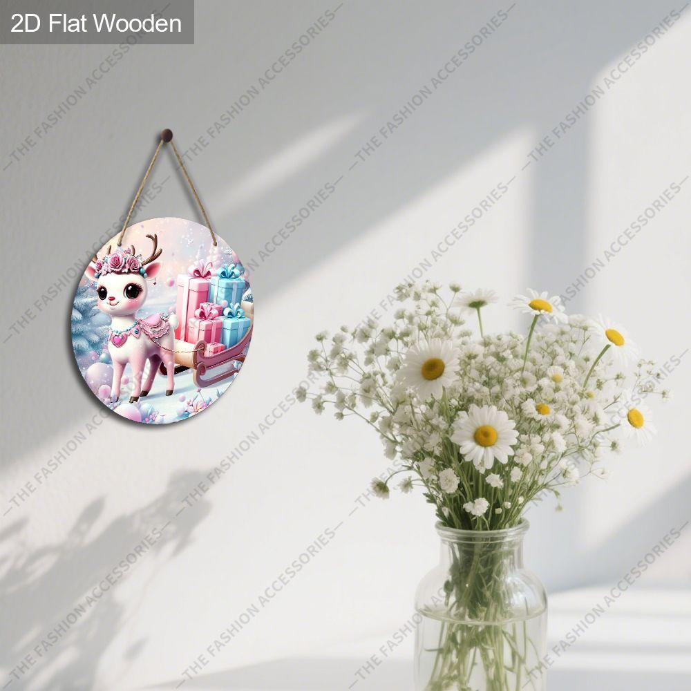 Cute Pink Christmas Reindeer Round Wooden Hanging Sign, 2D Flat Printed Christmas Door Wall Ornament, Winter Xmas Home Decor Gift