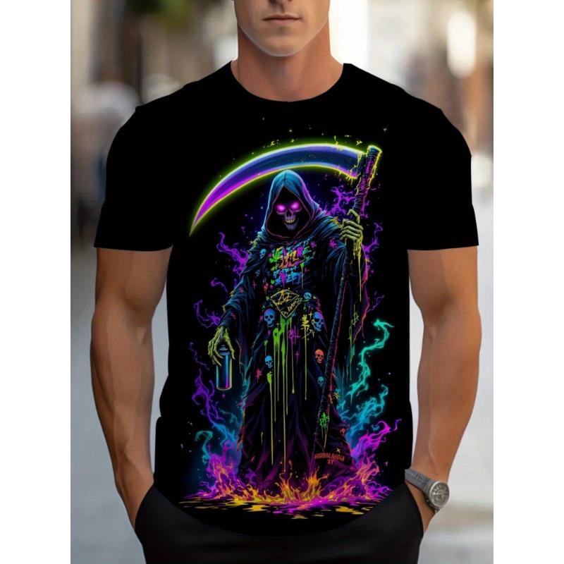 

Європейські розміри Чоловіча неонова футболка з принтом Косаря - Яскрава вулична футболка з дизайном Черепа та Коси, Чорна повсякденна футболка з коротким рукавом для літа, 4XL чорний