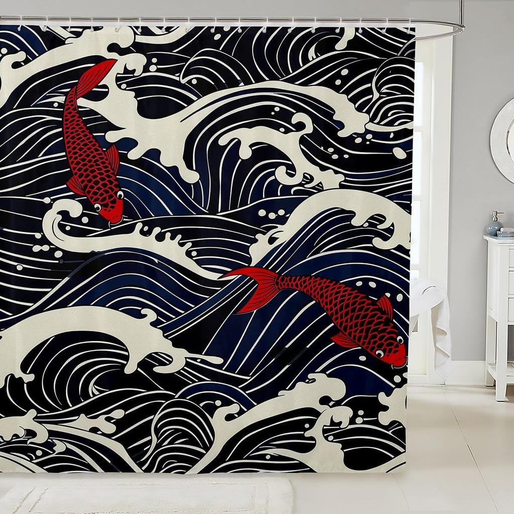 Boys Girls Japanese-Style Shower Curtain Red Cherry Bath Curtain Mount Fuji Bathroom Accessories Teens Bedroom Decor