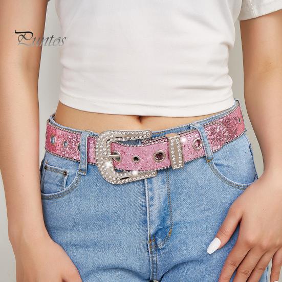 Curea de blugi pentru femei, cu strasuri strălucitoare, cu găuri multiple, cu lungime reglabilă, cu cataramă strălucitoare, curea lată din aliaj