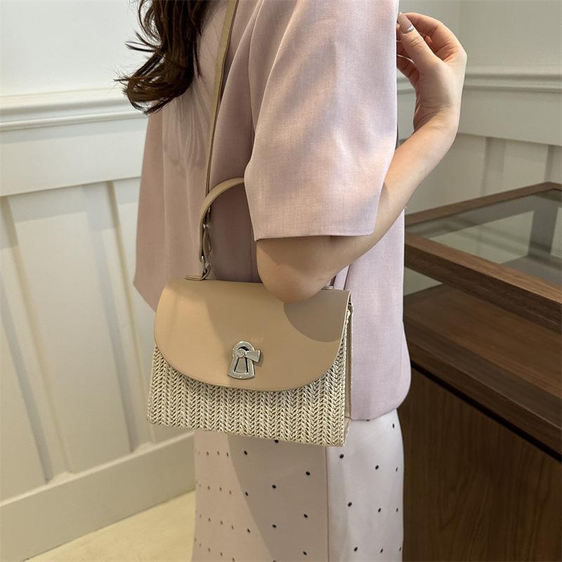 Woven Splicing Fashionable Personalized Lock 2025 Foreign Style Summer New Straw Crossbody Shoulder Portable Small Square Women's Bag