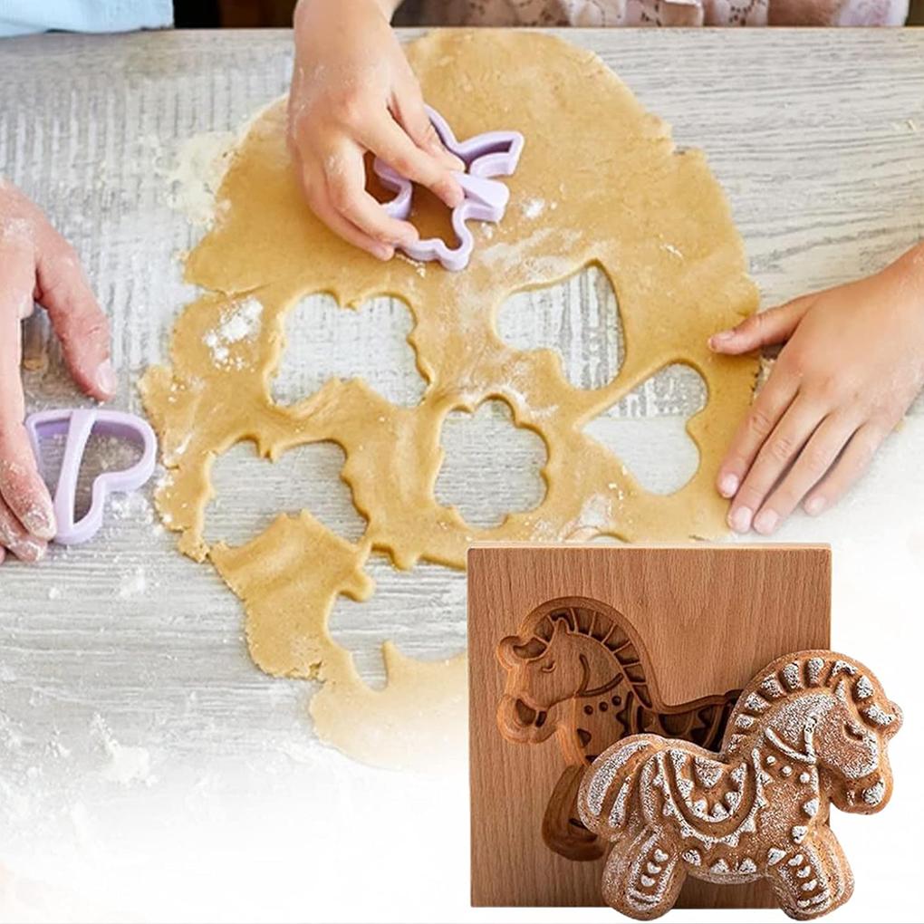 Wooden Cookie Molds for Christmas, DIY 3D Engraved Embossed Biscuit Gingerbread Cutter Moulds, Xmas Tree Reindeer Santa Claus
