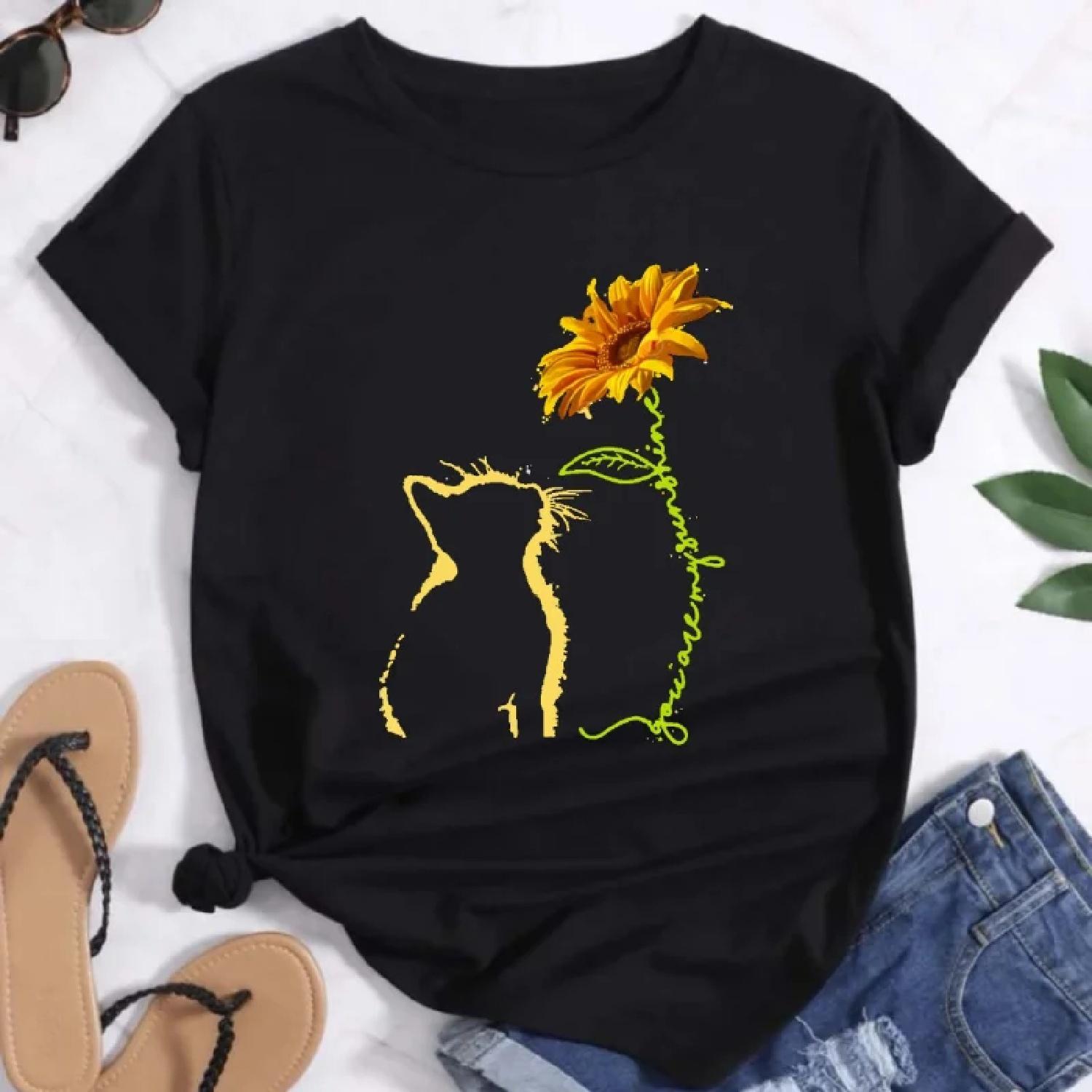 

Cute Cat Pattern for Women Retro Eye Flower Printed Short Sleeves Tees Summer Casual Sleeved Harajuku Streetwear Tops Tees XXXXXL різнокольоровий