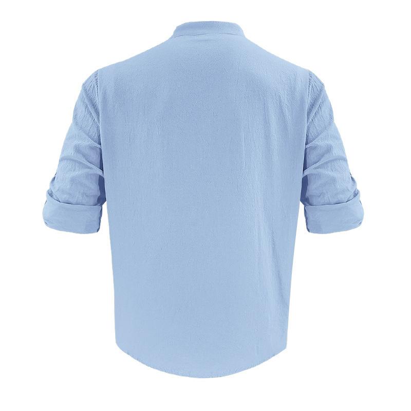 Mens Stand Collar Long Sleeve Breathable Casual Cotton Linen Shirt