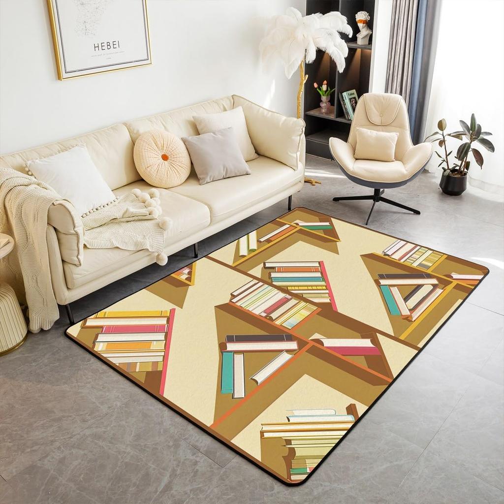 Bookshelf Area Rug for Teen Study Room Decor Library Book Print Carpet Vintage Bookshelf Living Room Doormat Bookcase Floor Mat
