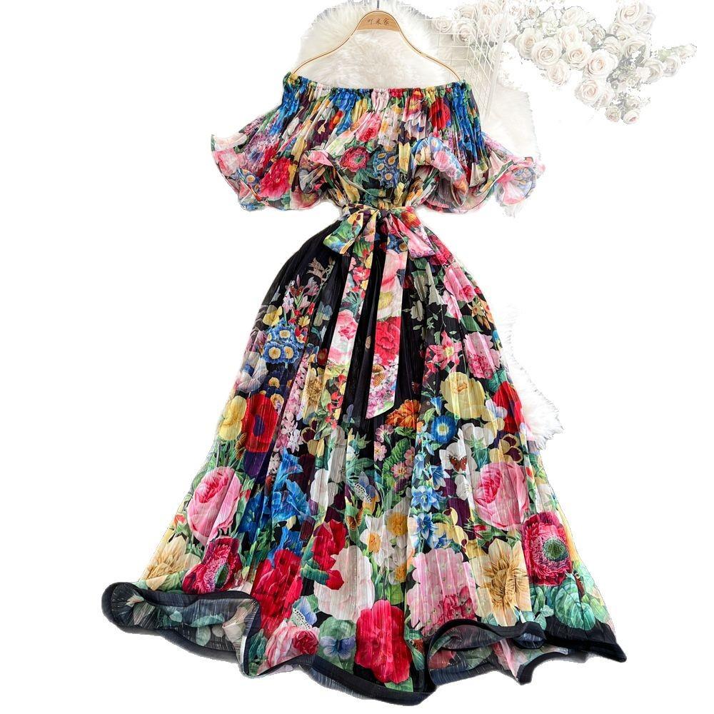 Bedrucktes Rüschenkleid Ein elegantes Ein-Schulter-Kleid mit einer gerafften Taille für Damenbekleidung im frühen Frühling