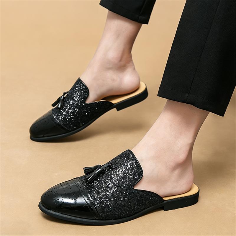 Summer Fashion New Men Gold Black Half Slippers Shoes Male Sequin Tassel Casual Mules Moccasins Breathable Loafer Zapatos Hombre