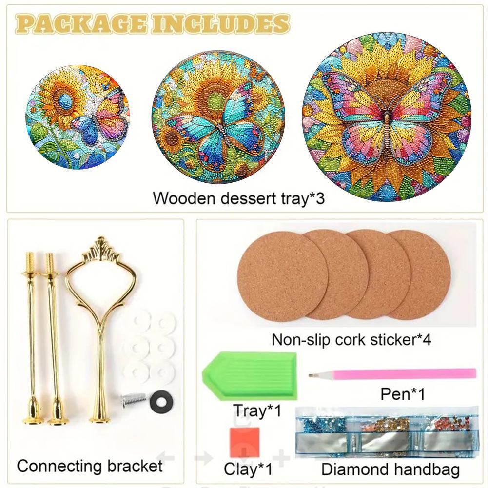 3 Tier Acrylic Butterfly Sunflower Colorful Diamond Food Dinner Plate DIY Diamond Painting Food Tray for Desk Coffee Table