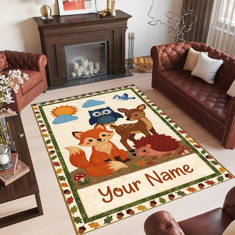 Forest Theme Crystal Velvet Floor Rug Personalized Custom Name Text Warm Carpet Home Decoration