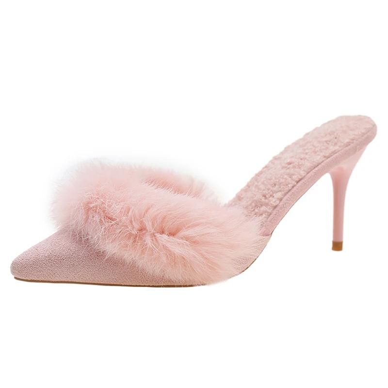 2026 Spring Faux Fur Mules Slippers Women Pointed Toe Slip-On Thin Heels Sandals Woman Short Plush Lined Closed Toe Slides Shoes