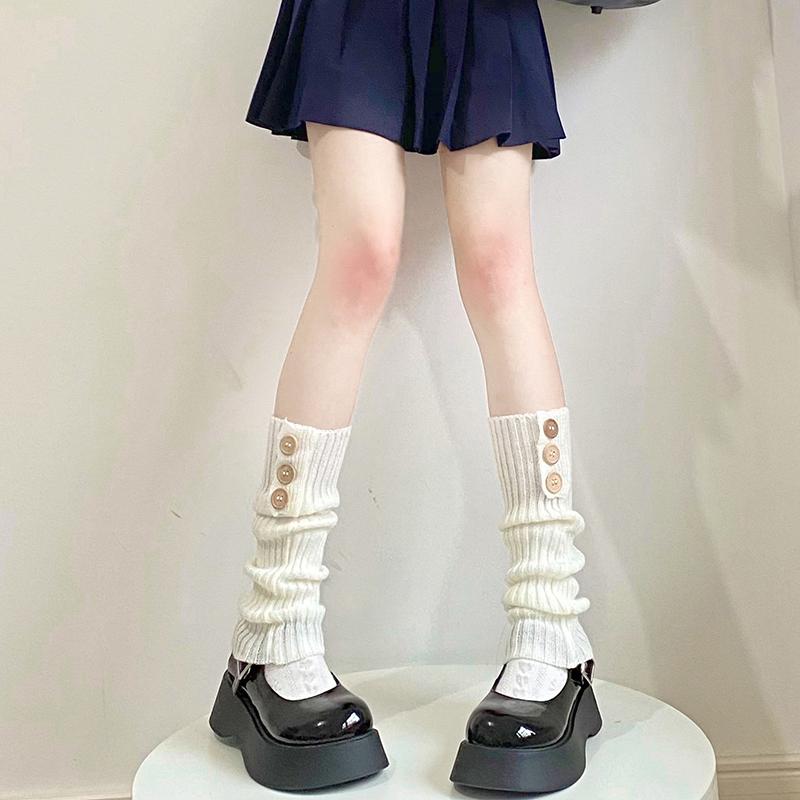 Lolita Buttons Leg Warmers Women Knitted Jk High Knee Socks Female Jk White Black Loose Boot Stockings Jk Girls Leg Warmers