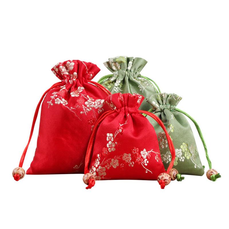 5/10 Pcs Flower Embroidery Wedding Gift Bags  Year Traditional Brocade Drawstring Storage Pouches Fabric Package 8x10/10x14cm
