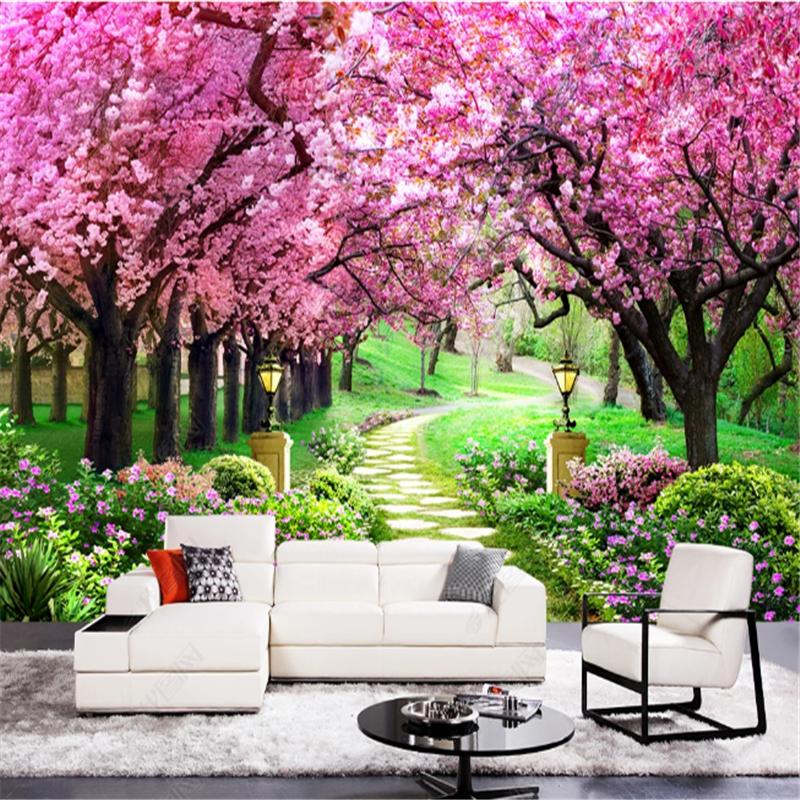 Kirschbaumwald Wandbild Gartenweg Landschaft Tapete für Wohnzimmer TV Hintergrund Wandpapier Heimdekor